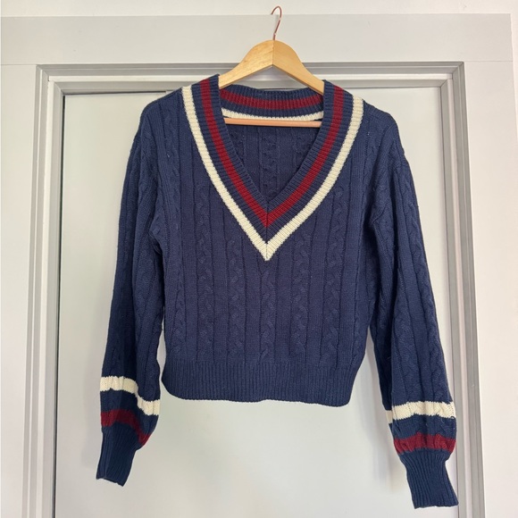 Cider Navy V-Neck Sweater with Stripes - Picture 1 of 4
